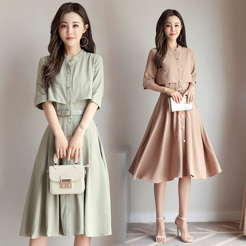 2017夏装新款韩版修身中长裙子女装假两件套装夏季棉麻a字连衣裙
