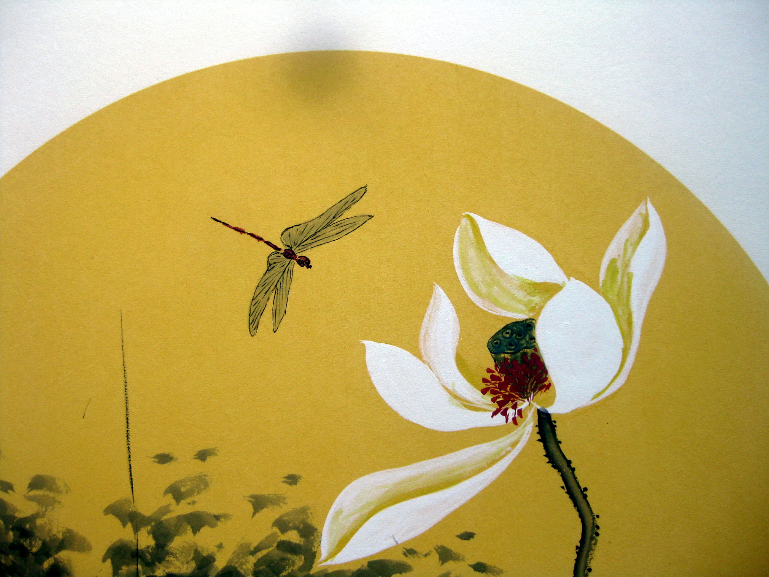 纯手绘精品国画花鸟 三尺斗方团扇荷花 写意水墨硬卡纸装饰画8043