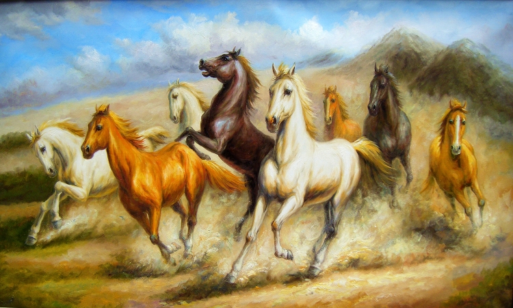 欧式客厅壁画装饰仿手绘油画喷绘现代餐厅卧室挂画画芯横八骏图