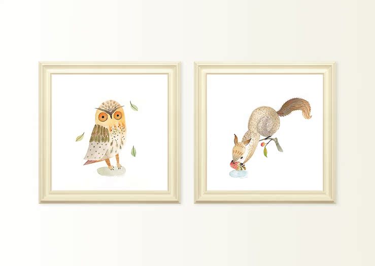 卡通水彩风格松鼠猫头鹰 进口画芯/儿童房卧室画/动物装饰画 446