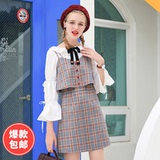 MG小象吊带连衣裙女2017秋季新款韩版格子气质中长款假两件裙子潮