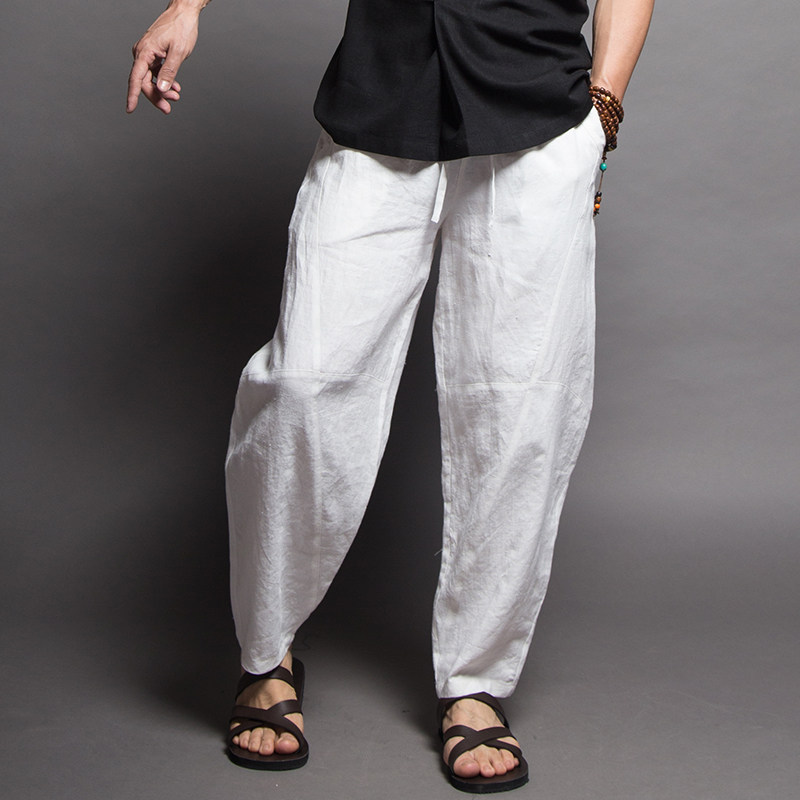 云无缰夏季灯笼裤男宽松薄款大码白色亚麻休闲裤哈伦裤男士裤子