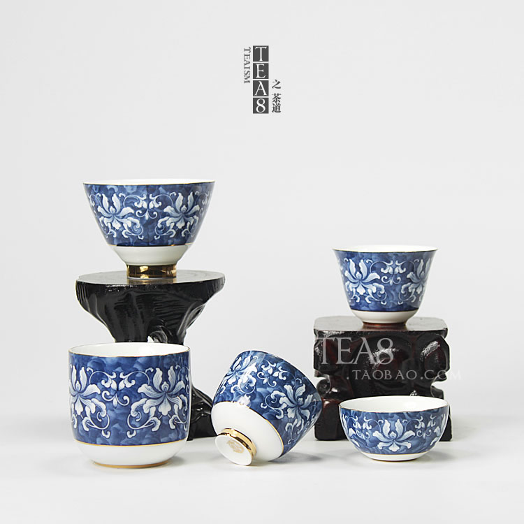 景德镇描金青花瓷品茗杯 釉下彩锦上添花小茶杯小杯 青花功夫茶具