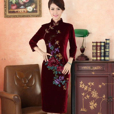 旗袍冬款2016新款金丝绒旗袍长款长袖秋冬女