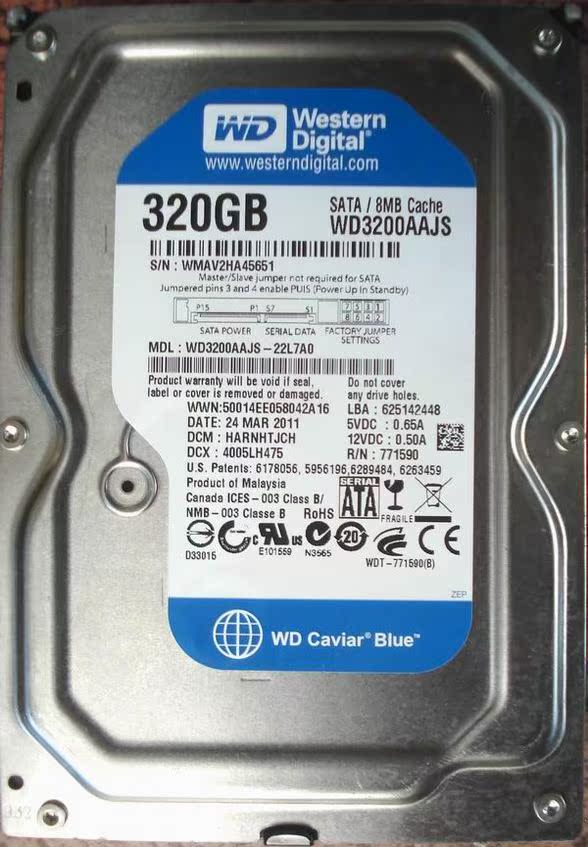 wd/西部数据 wd3200aajs 320g 台式机硬盘 通电不转或