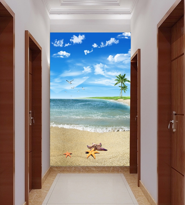 3d玄关蓝天大海风景壁画唯美海滩风景玄关装饰画背景xg653