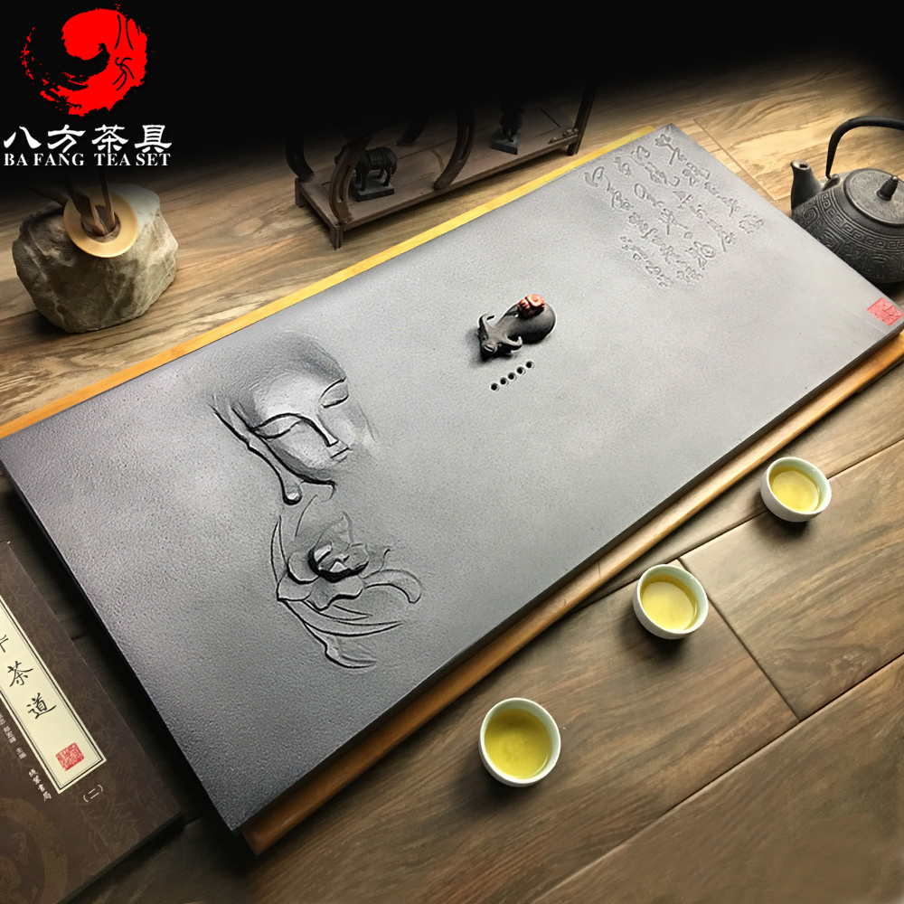 手工浮雕 大号原创 乌金石 茶盘 天然乌金石排水茶盘禅马佛黑金石