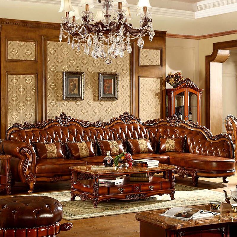 欧式真皮转角沙发组合 头层牛皮实木雕花小户型客厅 美式真皮沙发