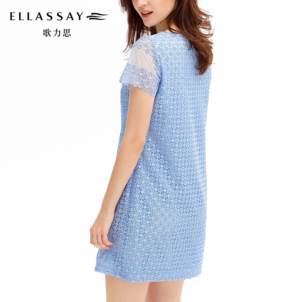 【新品】ellassay歌力思2017春季女装 蕾丝拼接连衣裙圆领一步裙