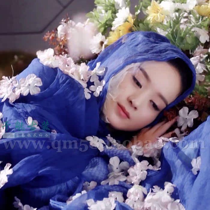影视主题古装赵丽颖蓝色妖神影楼写真拖尾花千骨cos动漫服装花落