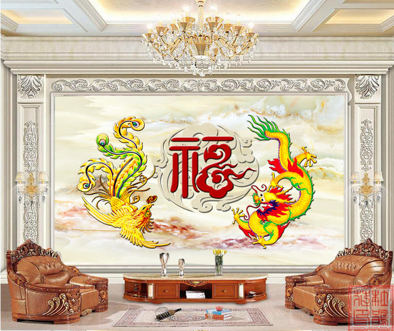 大理石纹理龙凤福到酒店宾馆前台背景墙装饰画婚庆大堂背景墙纸