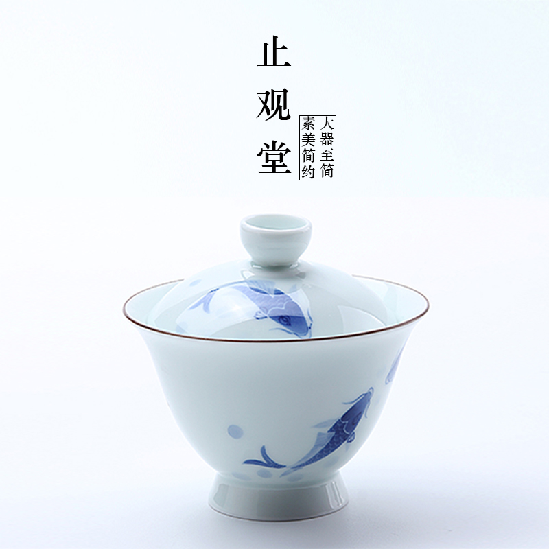 景德镇手绘青花瓷盖碗陶瓷大号干泡三才碗手工白瓷功夫茶具泡茶杯