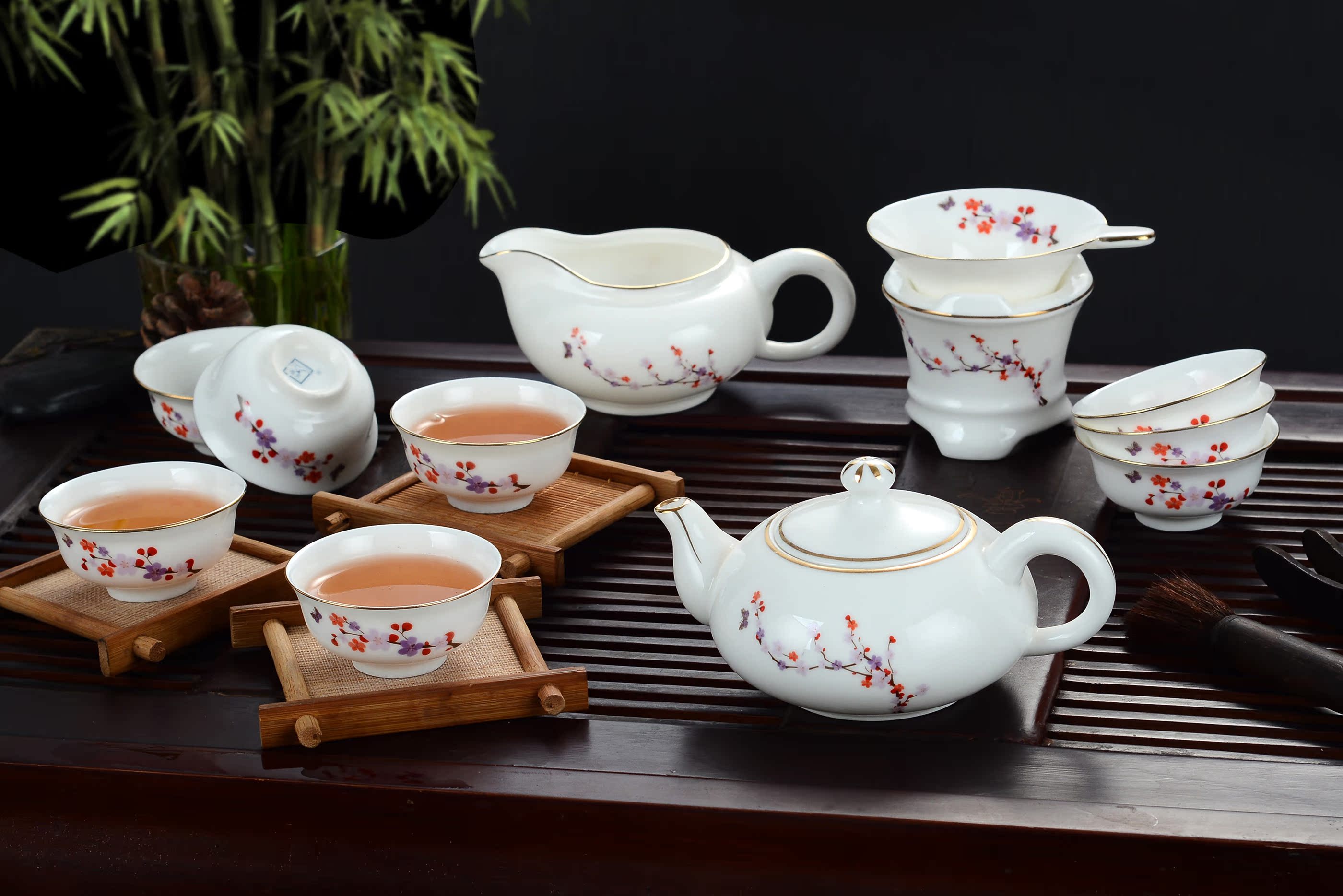 整套高档精品骨瓷陶瓷潮州功夫茶具潮汕工夫套装釉中花面特价包邮