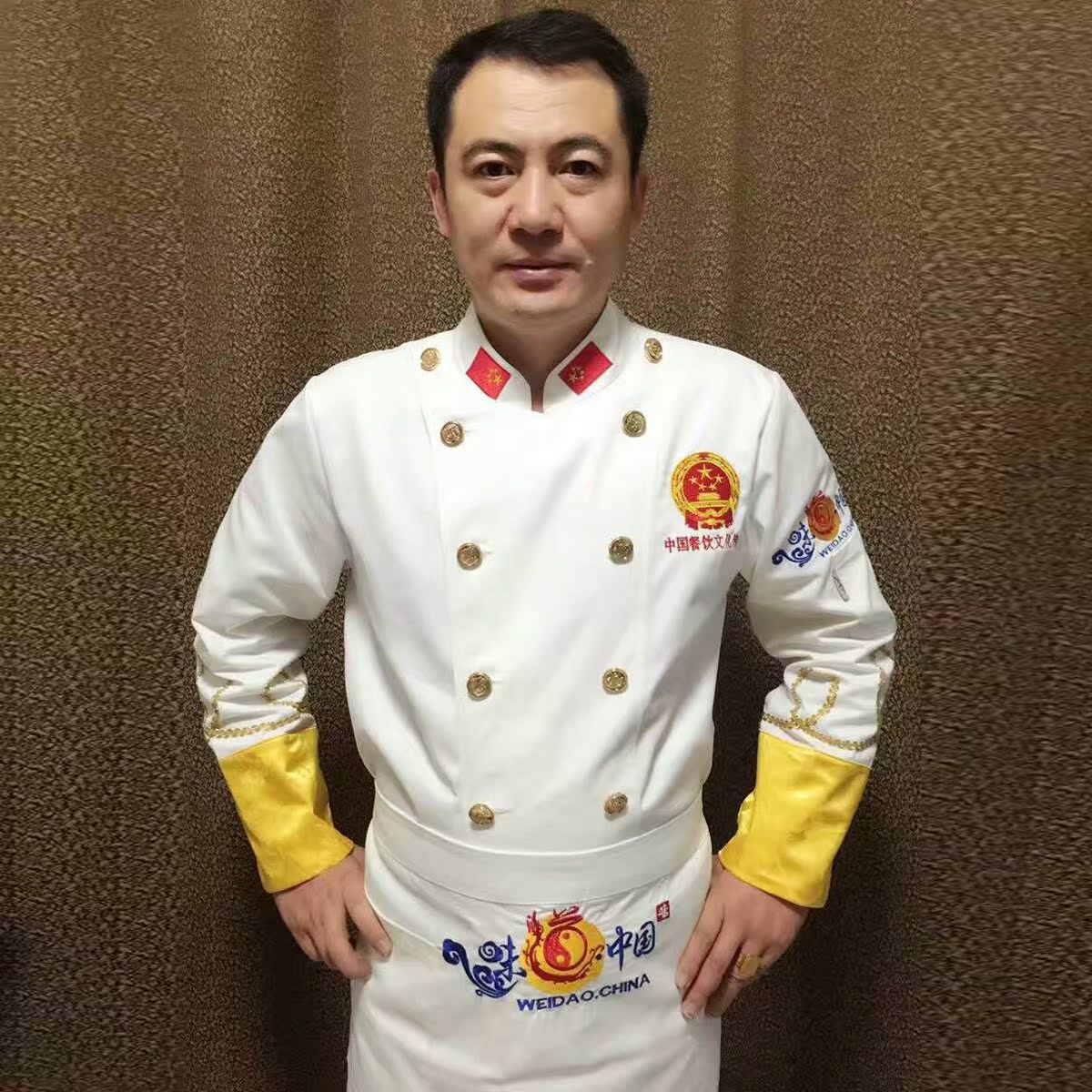 行政大师服白色金扣厨师协会定制服国徽款长短袖总厨工作服大咖服