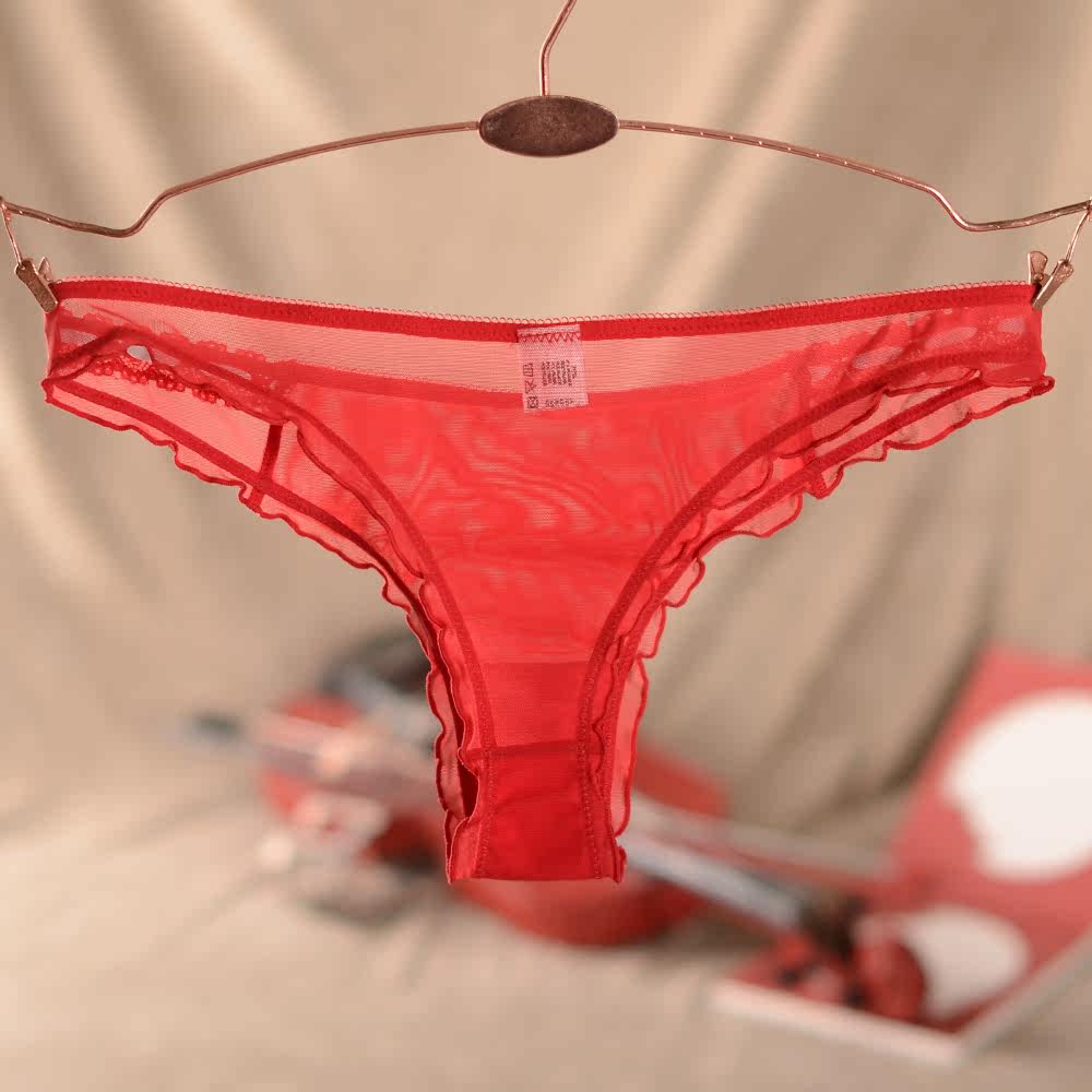 欧美名品 超薄内裤女 性感透视诱惑网纱丁字裤 低腰无痕t裤 红色