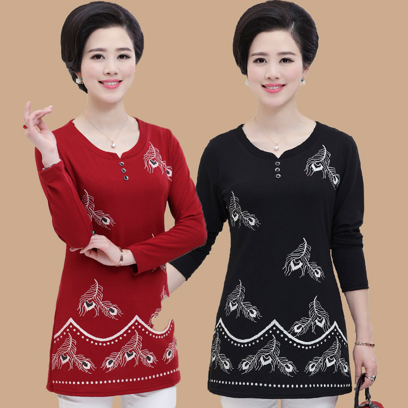 中老年t恤女长袖中长款秋季妇女衣服中年人女装妈妈装秋装打底衫