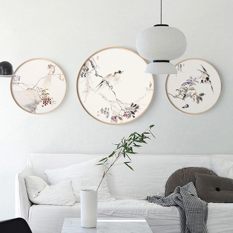 现代新中式中国花鸟画客厅沙发背景墙装饰画实木圆形框挂画壁画
