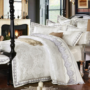 欧式床上用品贡缎提花四件套被套家纺床单4件婚庆床品白色酒店