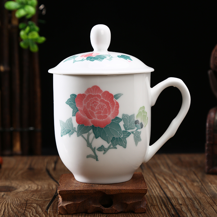 600ml醴陵釉下五彩大号办公室家用中式陶瓷茶杯带盖会议杯定制