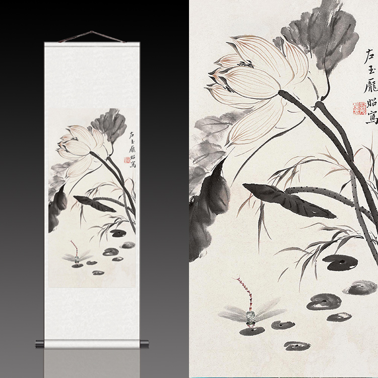 蜻蜓白莲花丝绸画国画卷轴画清雅水墨画花鸟画茶楼办公室装饰画