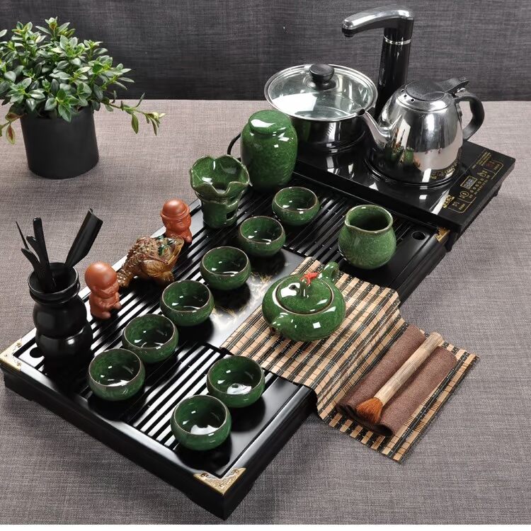 福建高级实木柯木二三合一电磁炉冰裂釉茶具茶盘套装整套陶瓷功夫