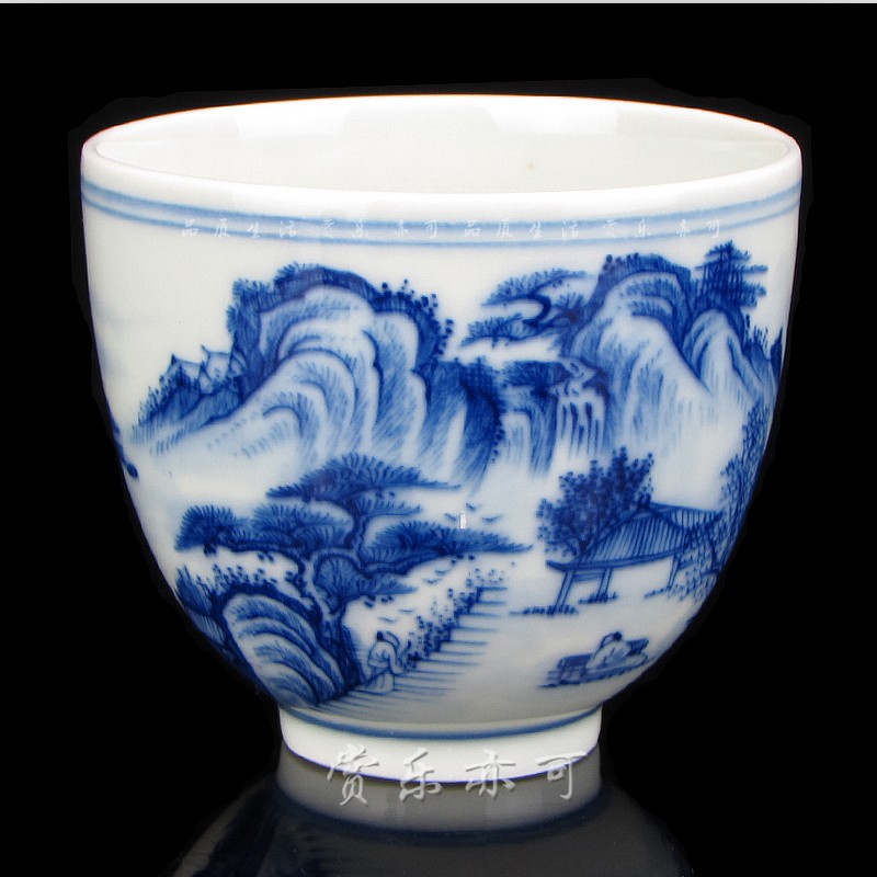 手绘青花品茶杯子贵和祥茶具 精美小雅工笔山水杯高 京德珍藏杯子