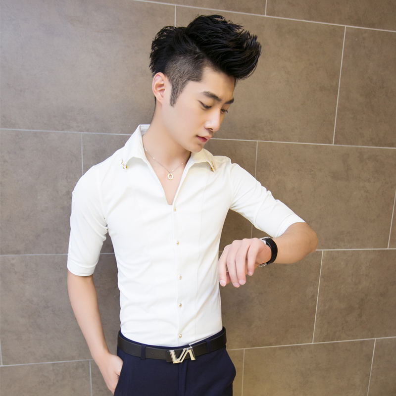 新款夏季发型师衬衫半袖美发店工作服男士韩版修身短袖白色衬衫潮