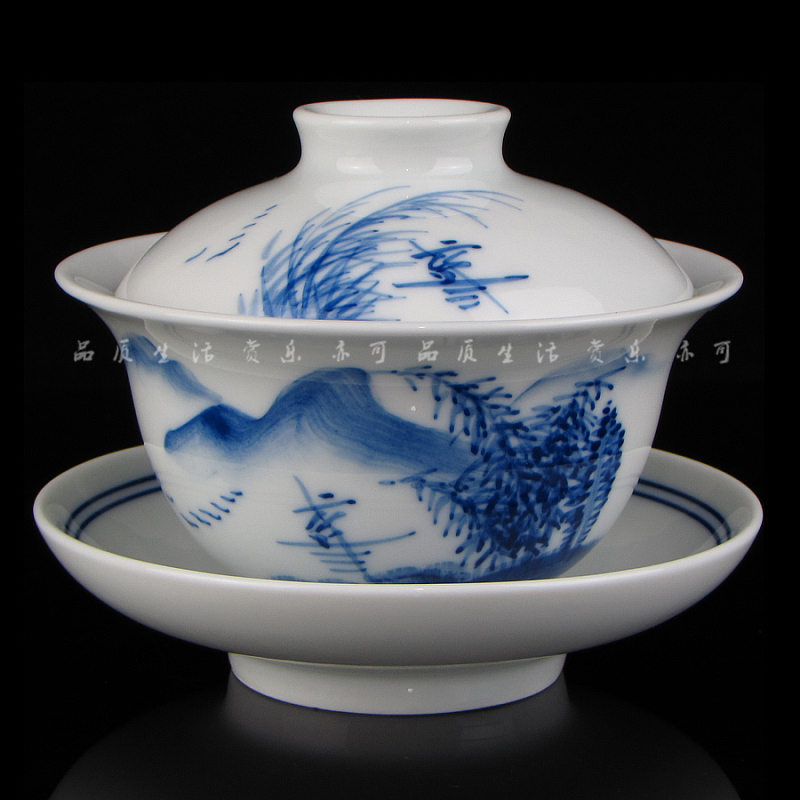 京德茶器贵和祥茶具 青花盖碗仿古山水盖碗泡茶器三才盖碗盖杯子
