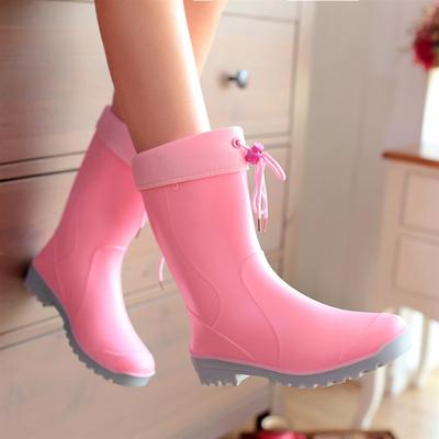 时尚新款水靴 韩版甜美可爱果冻色中筒雨靴 冬季可拆毛里粉色蓝色