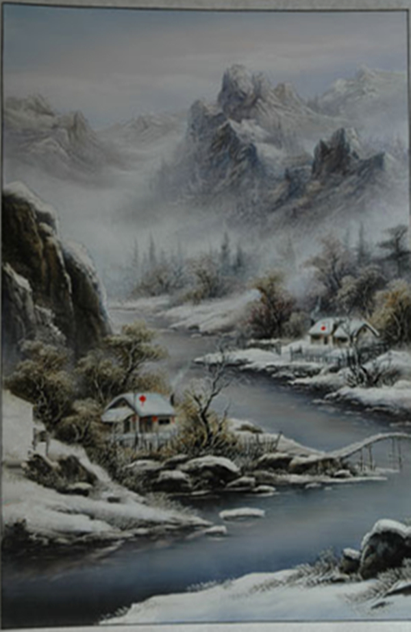 招财刀油画刀画风景手绘山水客厅墙画走廊玄关过道竖版东北雪景图