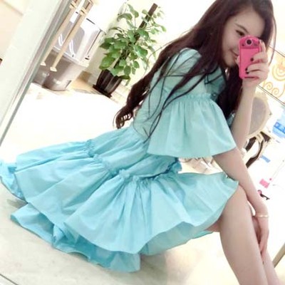2016春装新款甜美名媛淑女学院风显瘦连衣裙收腰蓬蓬荷叶边a字裙图片