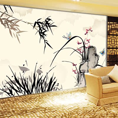 大型壁画墙纸卧室沙发电视背景墙壁纸中式古典淡雅兰花竹子
