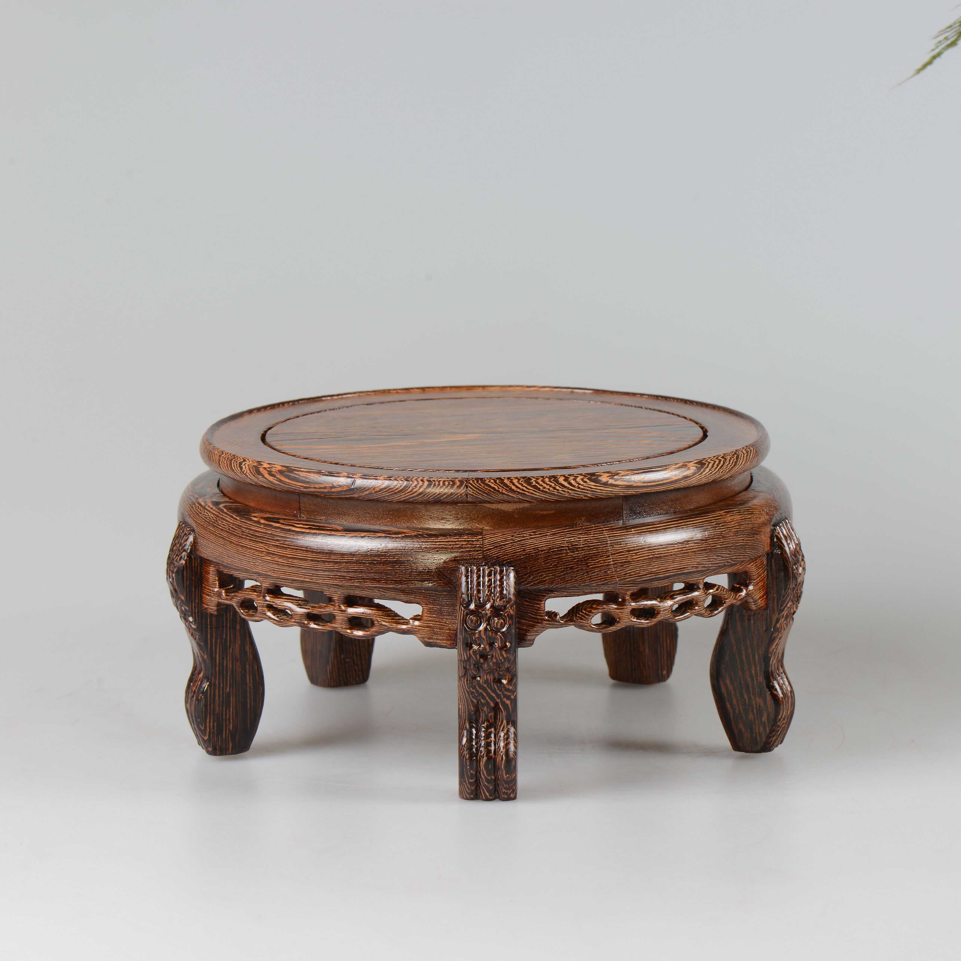 红实木质圆形鱼缸花瓶盆景佛像底座 工艺品摆件木托架