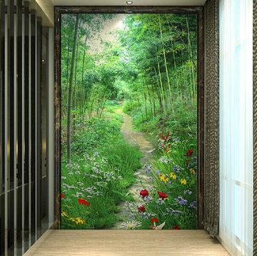3d立体竖版玄关门厅大型壁画 过道走廊隔断背景墙纸壁纸 林间小路