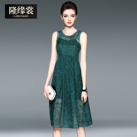 隆缘裳2017夏季新款女欧美时尚圆领无袖高腰绣花真丝连衣裙子3500商品大图