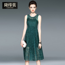 隆缘裳2017夏季新款女欧美时尚圆领无袖高腰绣花真丝连衣裙子3500图片
