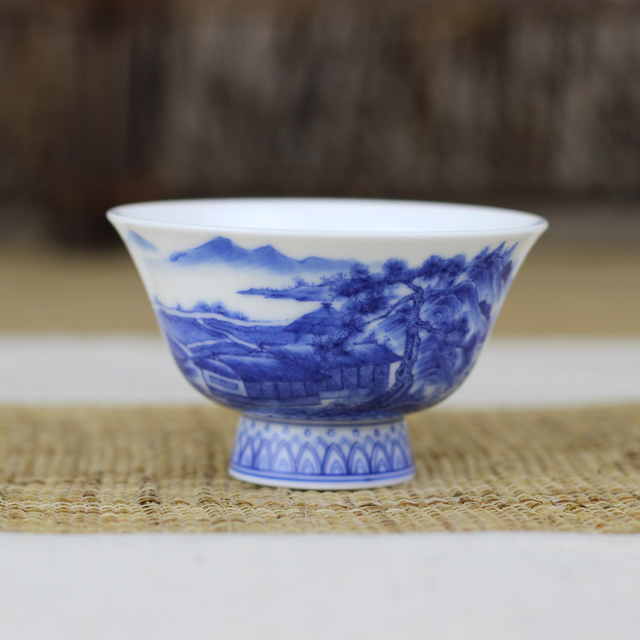全手工手绘青花瓷重工山水品茗杯 石榴单杯茶碗 景德镇陶瓷茶杯子