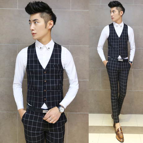 购物-秋冬新款男士韩版休闲西装<em>格子马甲男</em>修