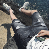 夏季薄款男士牛仔短裤破洞五分中裤日系韩版潮流宽松直筒个性马裤