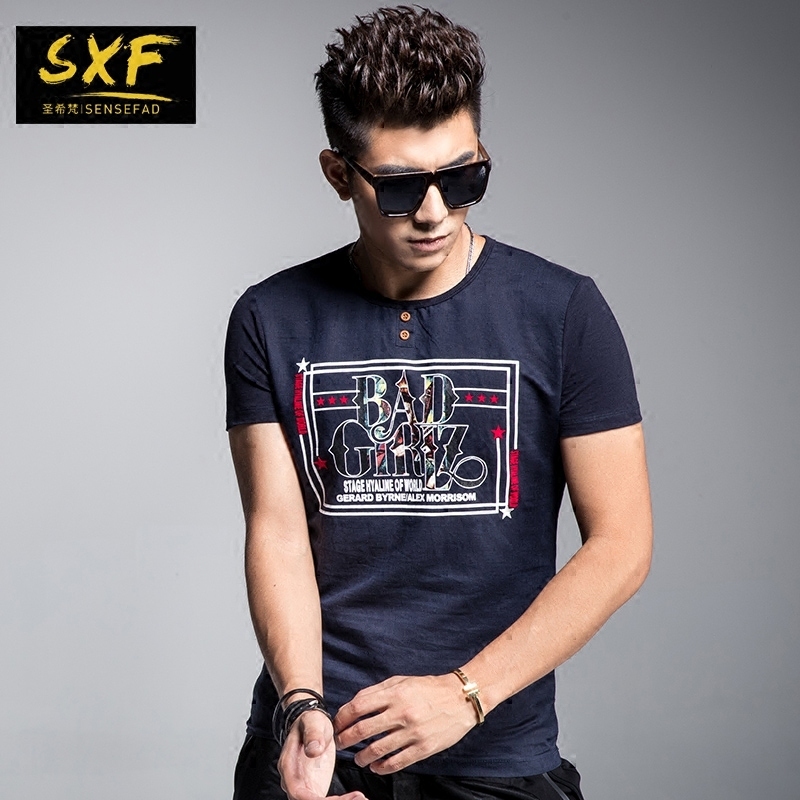 XF圣希梵 亚麻短袖T恤男 圆领印花潮流男装棉