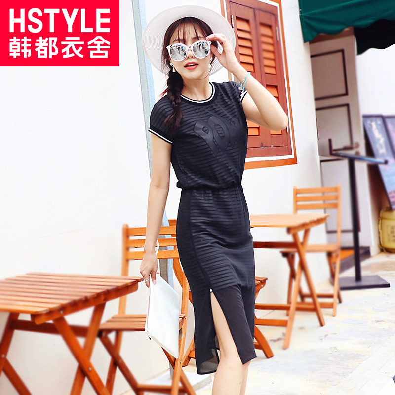 三彩2016夏装新款 清新印花短袖雪纺连衣裙高