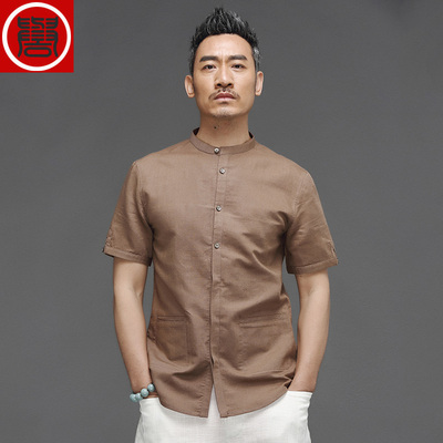 简牧中国风男装夏季七分袖亚麻衬衫男 盘扣唐