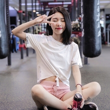 T恤女速干衣两穿运动罩衫 annerun烫银瑜伽健身跑步服系带打结短袖