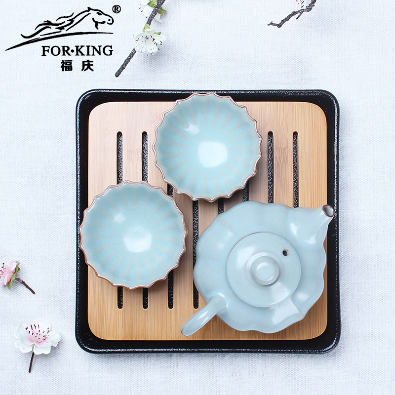 福庆 茶具套装特价 竹制陶瓷茶盘功夫茶具家用 汝窑茶壶整套茶具