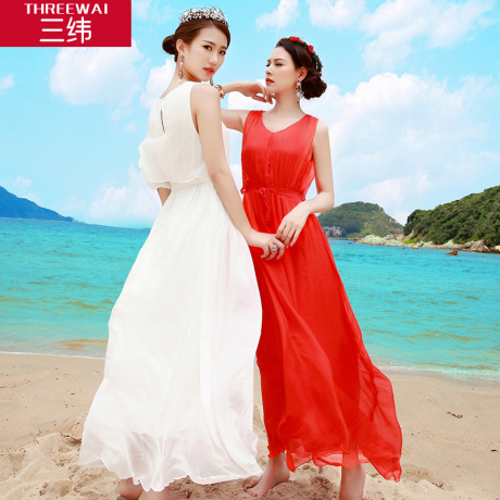 三纬秋装女款2018夏潮真丝连衣裙纯色度假裙伴娘服显瘦气质长裙子商品大图