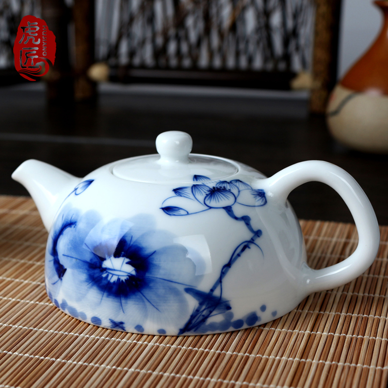 虎匠 陶瓷茶壶 手绘青花瓷泡茶小单壶 景德镇功夫白瓷薄胎茶具