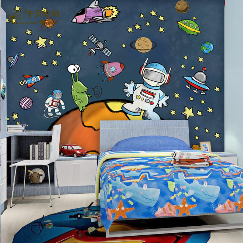 卡通宇宙星空壁纸儿童房幼儿园手绘墙纸自少儿科技馆定制壁画