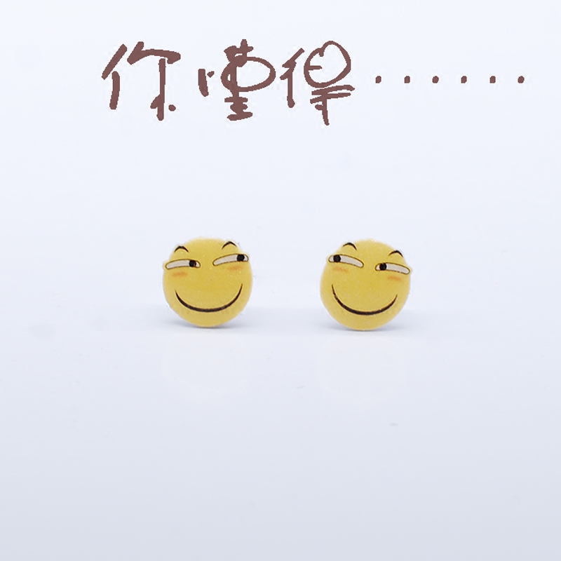 滑稽表情手工热缩片耳钉可爱萌萌哒925纯银防过敏耳夹无耳洞磁铁