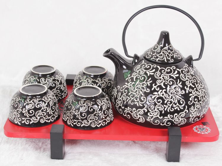 日式和风陶瓷茶具套装 黑钩藤尖顶壶 创意韩式茶具 婚庆结婚礼品