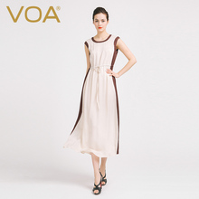 VOA 提花真丝米白马鞍棕拼色圆领包袖抽绳直筒连衣裙长款A6952图片